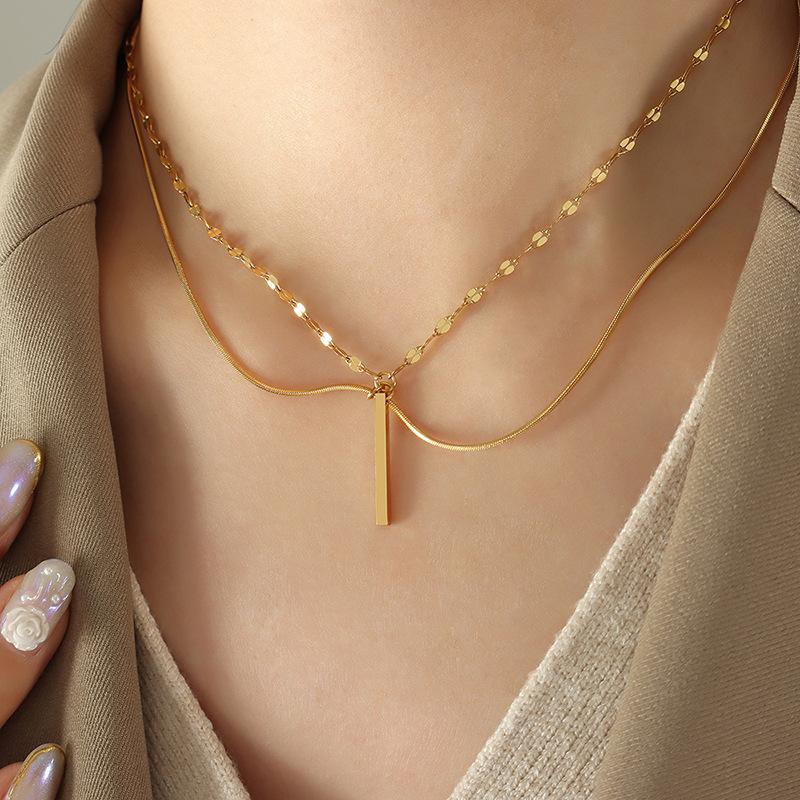 Light Luxury Long Square Pendant Multi-layer Stacked Necklace Women&