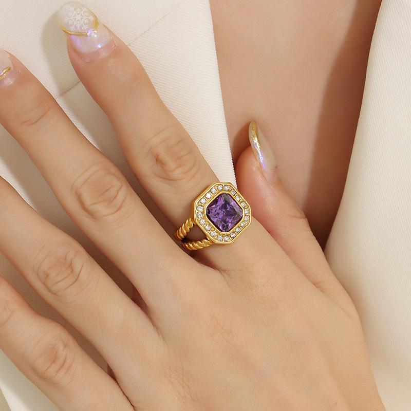 Fashion Personality Ring With Geometric Purple Zircon Green Crystal Stone Jewelry Gold Plated