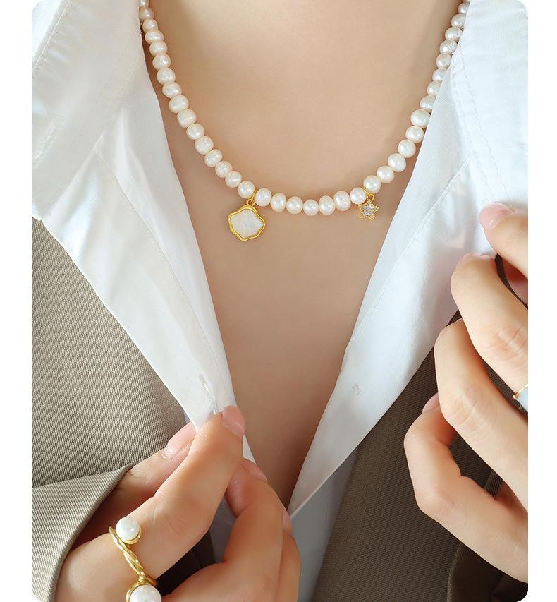 Freshwater Shell With Freshwater Pearl Necklace Multi-material Stitching Zircon Star Necklace