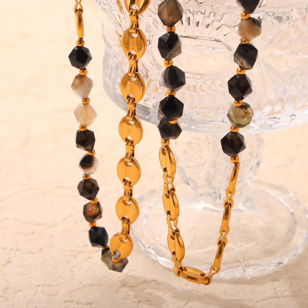 Irregular Natural Stone Titanium Steel Gold Plated Handmade Beaded Necklace Bracelet Set