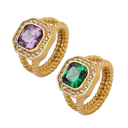 Fashion Personality Ring With Geometric Purple Zircon Green Crystal Stone Jewelry Gold Plated