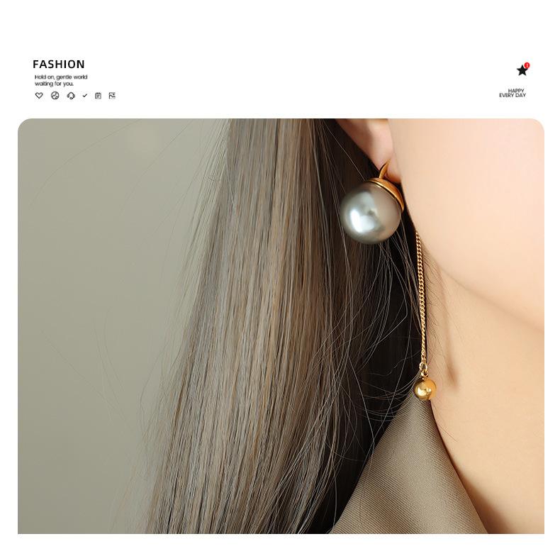 Exaggerated Design Fashion Personality Imitation Pearl White Grey Tassel Earrings Gold Plated Chain Steel Ball Pendant