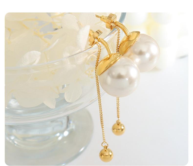 Exaggerated Design Fashion Personality Imitation Pearl White Grey Tassel Earrings Gold Plated Chain Steel Ball Pendant