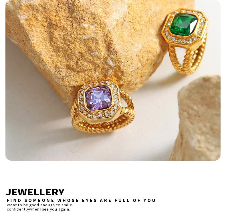 Fashion Personality Ring With Geometric Purple Zircon Green Crystal Stone Jewelry Gold Plated