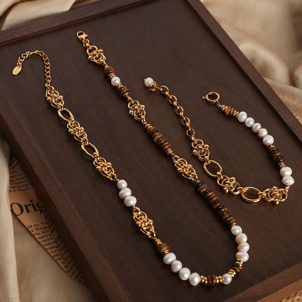 Light Luxury Vintage Natural Tiger Eye Freshwater Pearl Handmade Beaded Necklace Bracelet